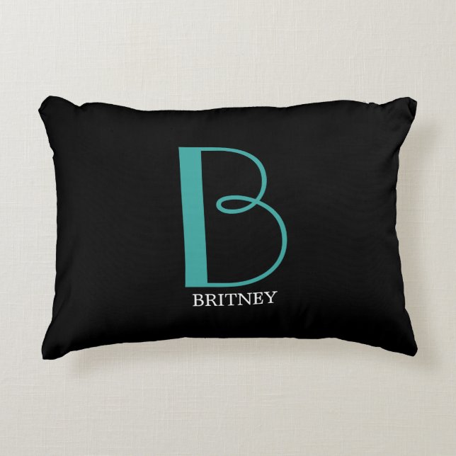 DIY Large Monogram & Name, Teal/White Text, Black Accent Pillow (Front)