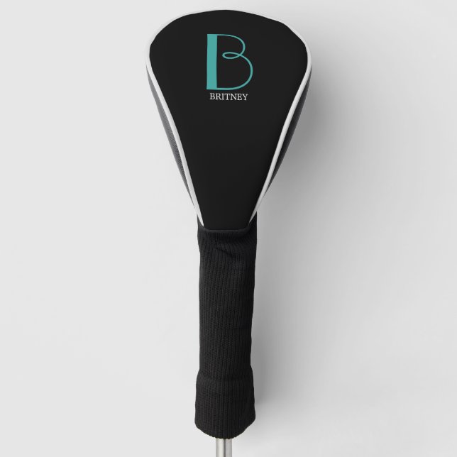 DIY Large Monogram & Name, Teal/White Text, Black Golf Head Cover (Front)