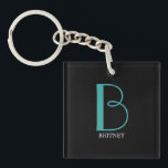 DIY Large Monogram & Name, Teal/White Text, Black Keychain<br><div class="desc">Personalize this stylish and simple text design with your name in white and your large Monogram in Teal on black background.</div>