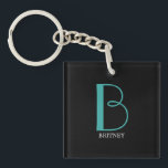 DIY Large Monogram & Name, Teal/White Text, Black Keychain<br><div class="desc">Personalize this stylish and simple text design with your name in white and your large Monogram in Teal on black background.</div>
