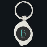 DIY Large Monogram & Name, Teal/White Text, Black Keychain<br><div class="desc">Personalize this stylish and simple text design with your name in white and your large Monogram in Teal on black background.</div>