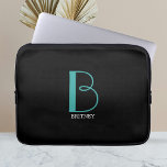 DIY Large Monogram & Name, Teal/White Text, Black Laptop Sleeve<br><div class="desc">Personalize this stylish and simple text design with your name in white and your large Monogram in Teal on black background.</div>