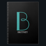 DIY Large Monogram & Name, Teal/White Text, Black Notebook<br><div class="desc">Personalize this stylish and simple text design with your name in white and your large Monogram in Teal on black background.</div>