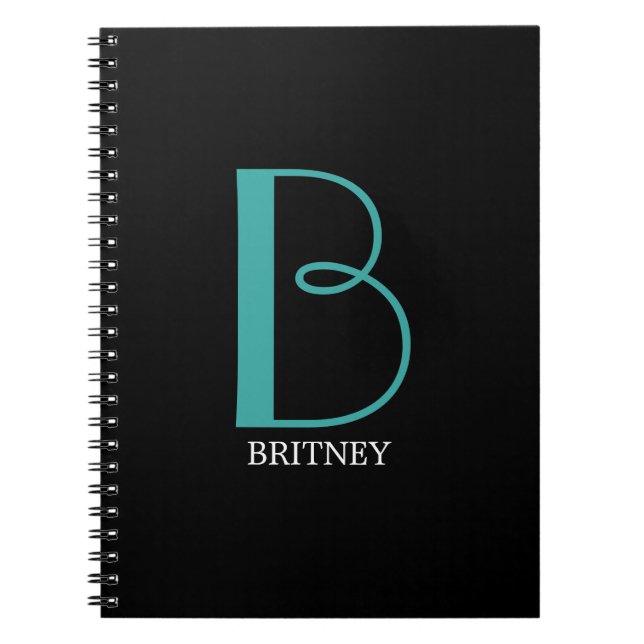 DIY Large Monogram & Name, Teal/White Text, Black Notebook (Front)