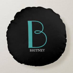DIY Large Monogram & Name, Teal/White Text, Black Round Pillow
