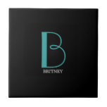 DIY Large Monogram & Name, Teal/White Text, Black Tile<br><div class="desc">Personalize this stylish and simple text design with your name in white and your large Monogram in Teal on black background.</div>