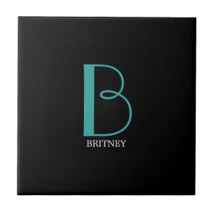 DIY Large Monogram & Name, Teal/White Text, Black Tile