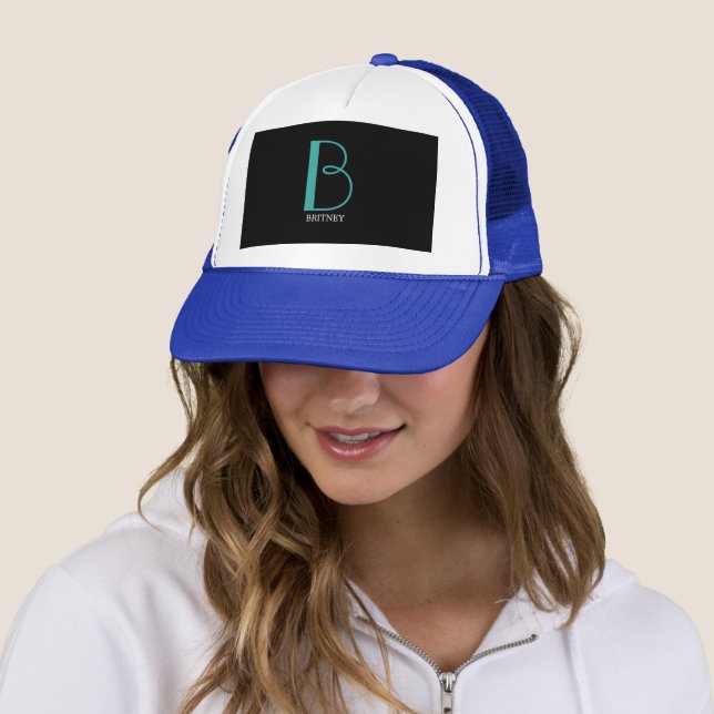 DIY Large Monogram & Name, Teal/White Text, Black Trucker Hat (In Situ)