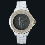 DIY Large Monogram & Name, Teal/White Text, Black Watch<br><div class="desc">Personalize this stylish and simple text design with your name in white and your large Monogram in Teal on black background.</div>