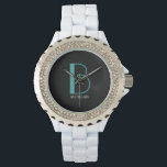 DIY Large Monogram & Name, Teal/White Text, Black Watch<br><div class="desc">Personalize this stylish and simple text design with your name in white and your large Monogram in Teal on black background.</div>