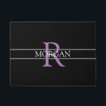 DIY Lavender Monogram, White Name, Black & Grey Doormat<br><div class="desc">Personalize this trendy black doormat with Lavender Monogram and White Name. A simple,  yet elegant design with 2 grey stripes.</div>