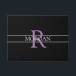 DIY Lavender Monogram, White Name, Black & Grey Doormat<br><div class="desc">Personalize this trendy black doormat with Lavender Monogram and White Name. A simple,  yet elegant design with 2 grey stripes.</div>
