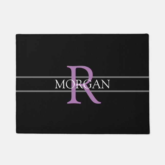 DIY Lavender Monogram, White Name, Black & Grey Doormat (Front)
