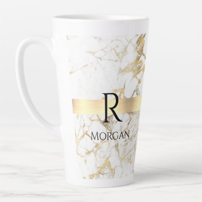  DIY Monogram Black Text, White & Gold Marble Latte Mug (Left)