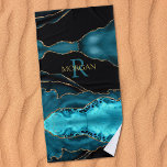 DIY Monogram & Gold Name, Black Gold & Teal Agate Beach Towel<br><div class="desc">Personalize with your Monogram and Name In Dark Teal and Gold text on black,  gold and teal agate. Click “Customize” to change colours and type styles.</div>