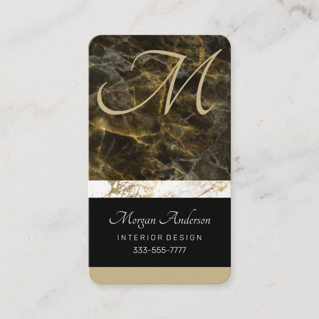DIY Monogram Info, Elegant Black/White Gold Marble Business Card (Front)