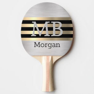 DIY Monogram/Name, Bk/Gold Stripes, Brushed Silver Ping Pong Paddle