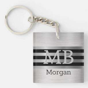 DIY Monogram/Name Bk/Silver Stripes Brushed Silver Keychain
