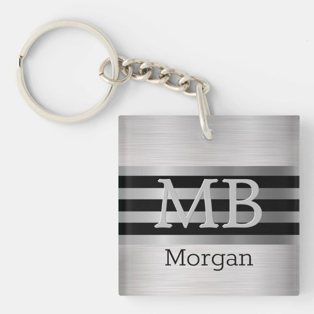 DIY Monogram/Name Bk/Silver Stripes Brushed Silver Keychain (Front)