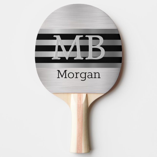 DIY Monogram/Name Bk/Silver Stripes Brushed Silver Ping Pong Paddle (Front)