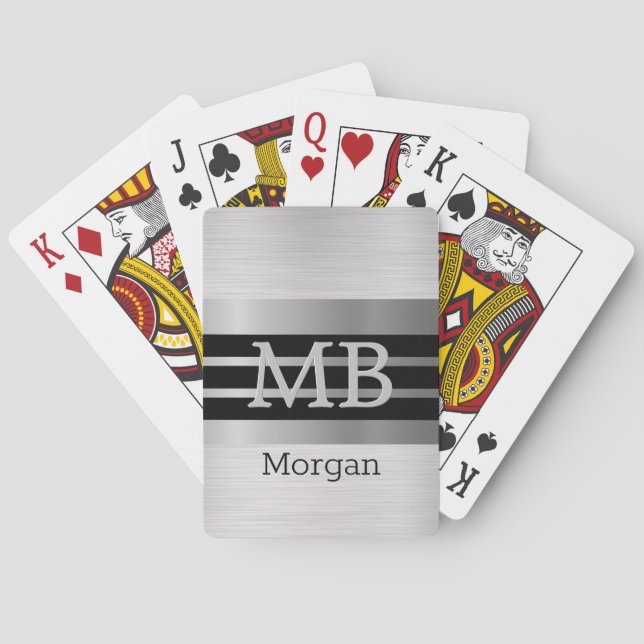 DIY Monogram/Name Bk/Silver Stripes Brushed Silver Playing Cards (Back)