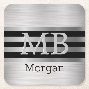 DIY Monogram/Name Bk/Silver Stripes Brushed Silver Square Paper Coaster