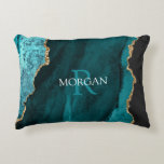 DIY Monogram & Name, Black Gold & Teal Agate Accent Pillow<br><div class="desc">Personalize with your Monogram and Name In White and Dark Teal text on black,  gold and teal agate. Click “Customize” to change colours and type styles.</div>