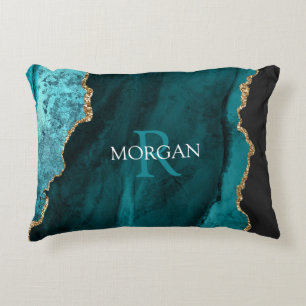 DIY Monogram & Name, Black Gold & Teal Agate Accent Pillow