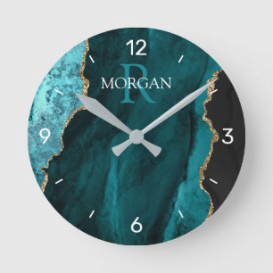 DIY Monogram & Name Black Gold Teal Agate, Numbers Round Clock