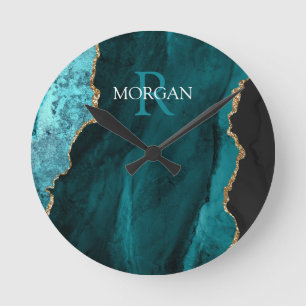 DIY Monogram & Name, Black Gold & Teal Agate Round Clock