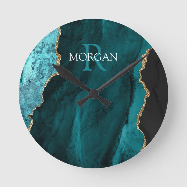 DIY Monogram & Name, Black Gold & Teal Agate Round Clock (Front)