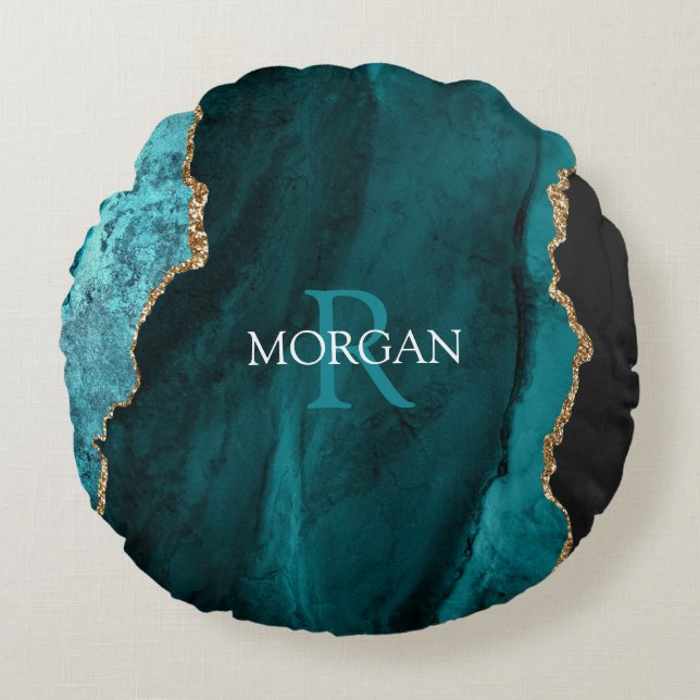 DIY Monogram & Name, Black Gold & Teal Agate Round Pillow (Front)