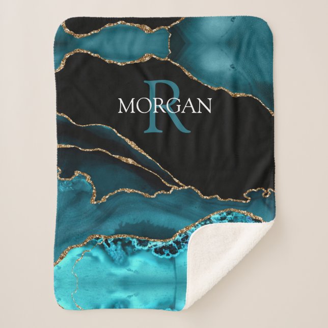 DIY Monogram & Name, Black Gold & Teal Agate Sherpa Blanket (Front)