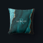 DIY Monogram & Name, Black Gold & Teal Agate Throw Pillow<br><div class="desc">Personalize with your Monogram and Name In White and Dark Teal text on black,  gold and teal agate. Click “Customize” to change colours and type styles.</div>