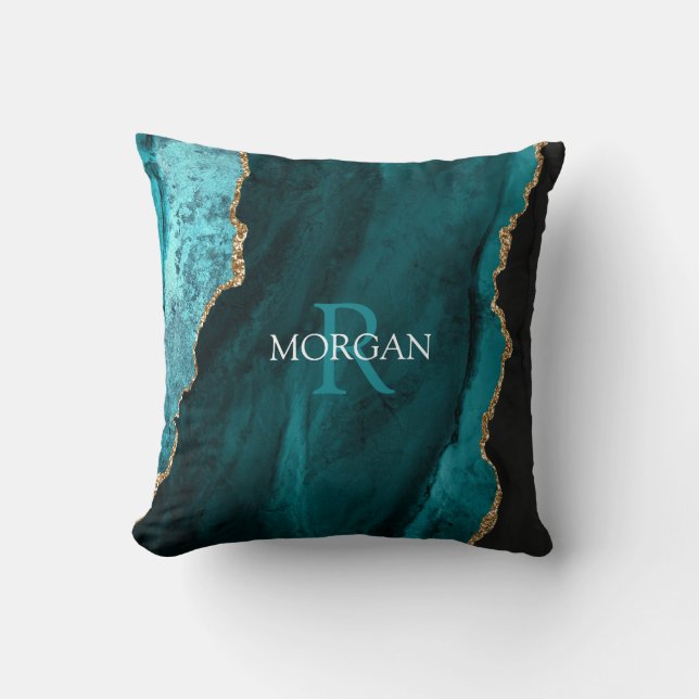 DIY Monogram & Name, Black Gold & Teal Agate Throw Pillow (Front)