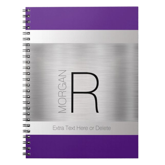 DIY Monogram Name Black Grey Purple Brushed Silver Notebook (Front)