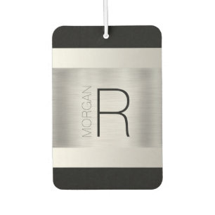 DIY Monogram Name, Black Grey Text, Brushed Silver Air Freshener