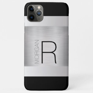 DIY Monogram Name, Black Grey Text, Brushed Silver iPhone 11 Pro Max Case