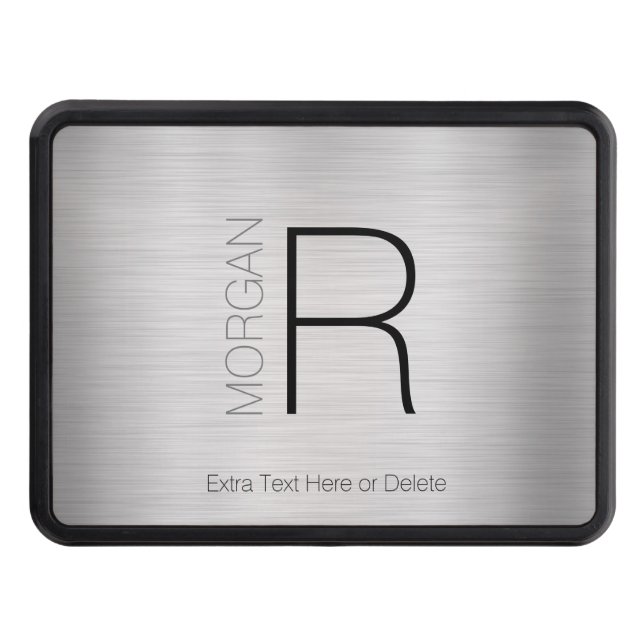 DIY Monogram Name, Black Grey Text, Brushed Silver Trailer Hitch Cover (Front)