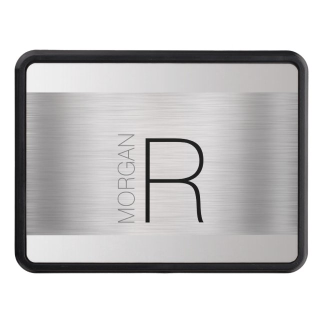 DIY Monogram Name, Black Grey Text, Brushed Silver Trailer Hitch Cover (Front)