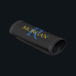 DIY Monogram & Name, Gold & Deep Blue on Black Luggage Handle Wrap<br><div class="desc">Personalize your Monogram and Name In Gold and Deep Blue on Black background.</div>