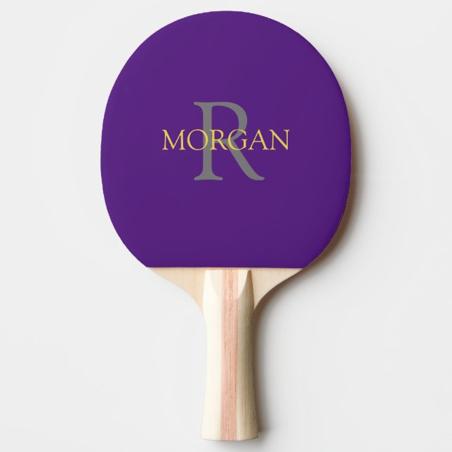 DIY Monogram & Name Gold & Grey Text, Royal Purple Ping Pong Paddle (Front)