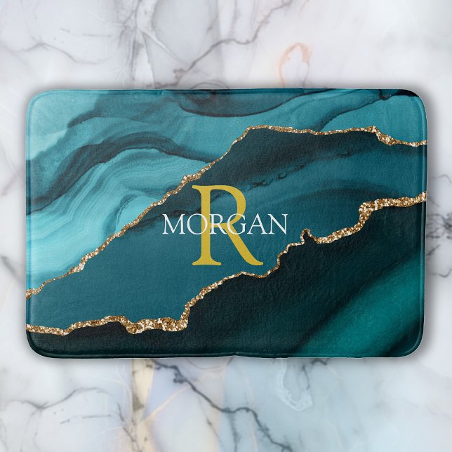 DIY Monogram/Name Gold/White, Black/Teal Agate Vs2 Bath Mat (Creator Uploaded)