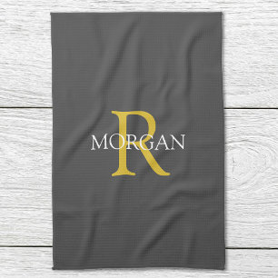 DIY Monogram & Name, Gold/White Text, Dark Grey Kitchen Towel