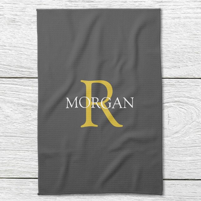 DIY Monogram & Name, Gold/White Text, Dark Grey Kitchen Towel (Creator Uploaded)
