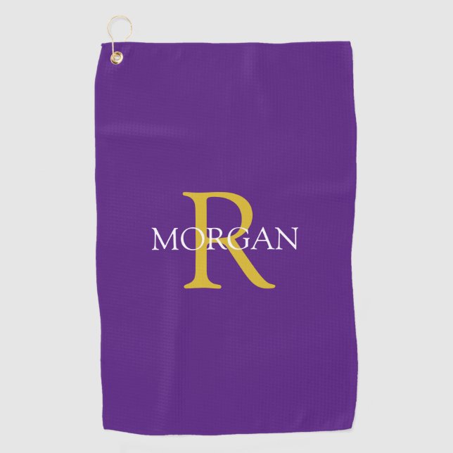 DIY Monogram & Name, Gold/White Text, Royal Purple Golf Towel (Front)