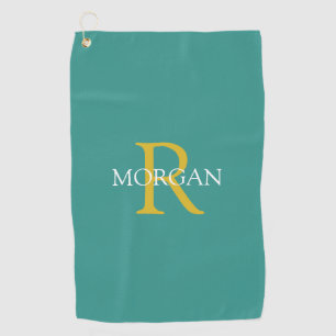 DIY Monogram & Name, Gold & White Text, Teal Golf Towel