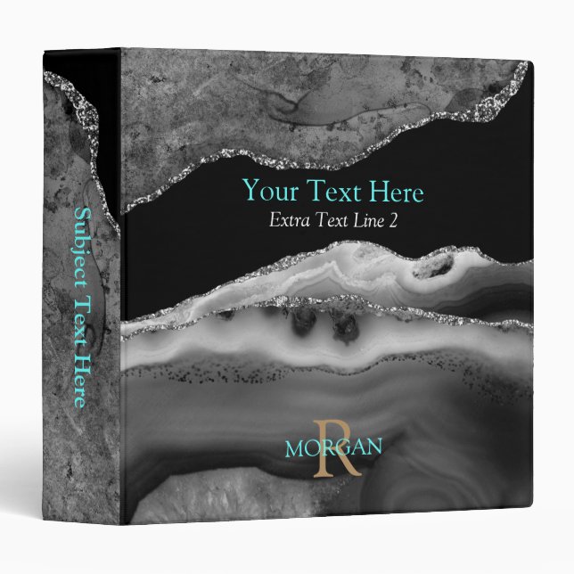 DIY Monogram & Name, Info, Bk/Wh Agate, Gold Teal Binder (Front/Spine)