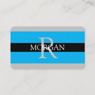 DIY Monogram Name Info Black Grey Sky Blue Stripes Business Card