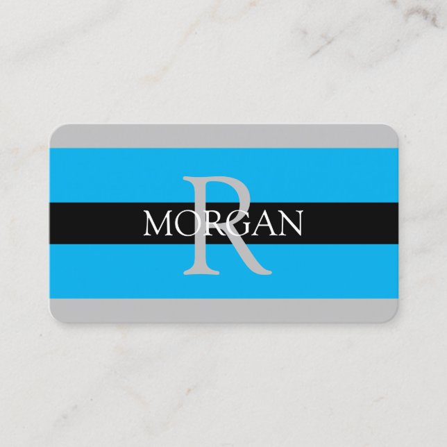 DIY Monogram Name Info Black Grey Sky Blue Stripes Business Card (Front)